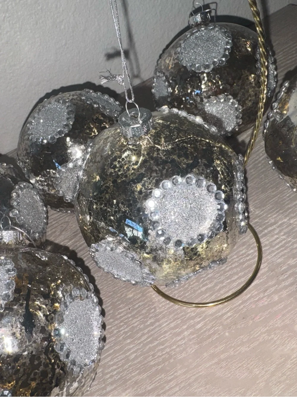 Silver mercury glass, Christmas ornament with beaded crystal set of 6